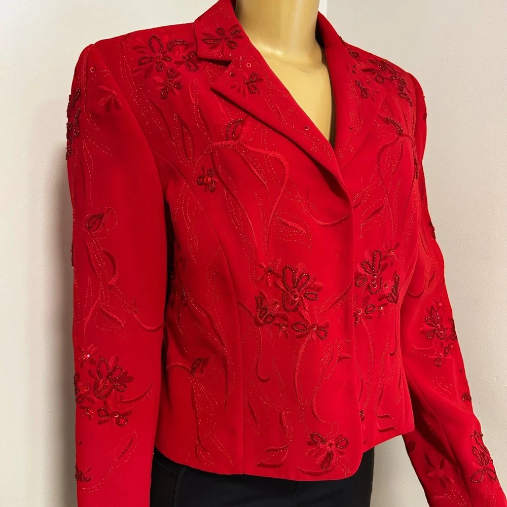 John Meyer of Norwich Red Embroidered Beaded Blazer Jacket Womens 14 NWT 792037A